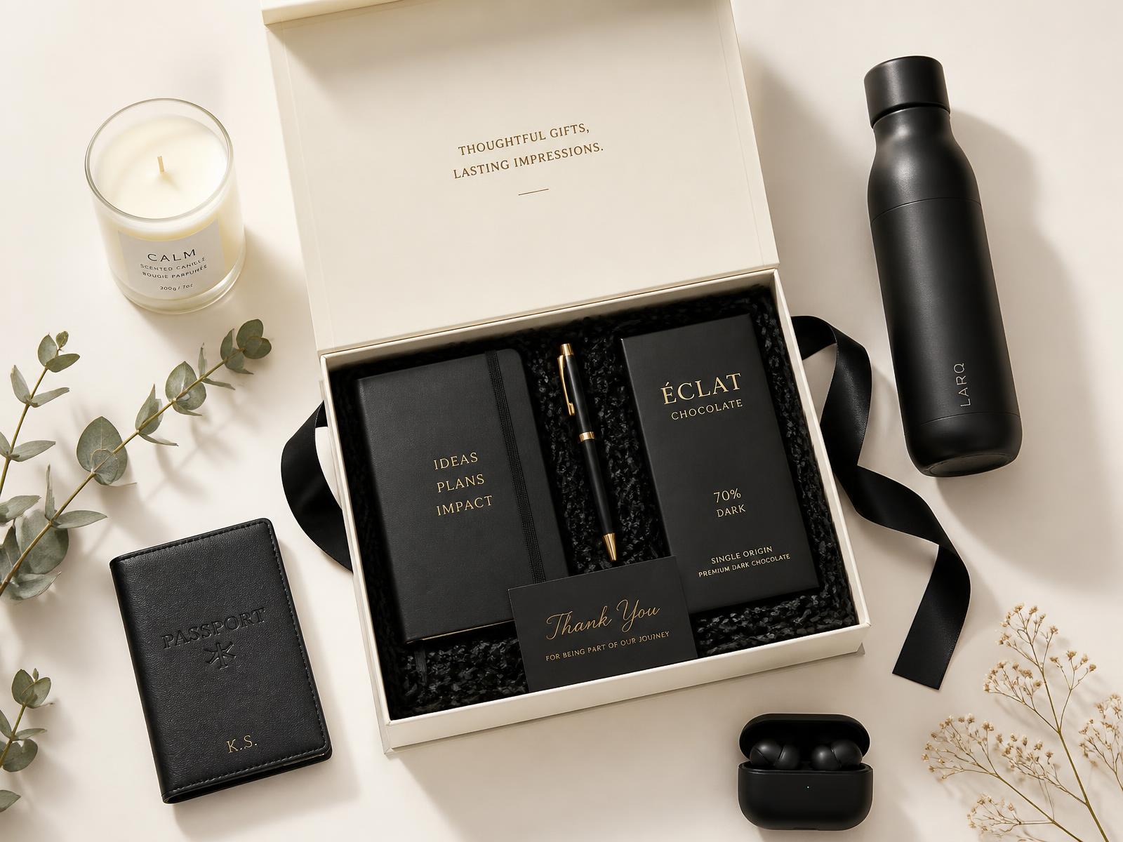 Executive onboarding gift kit: an ivory gift box with a black notebook, gold-trim pen and dark chocolate bar, beside a scented candle, leather passport holder, matte black bottle and wireless earbuds.