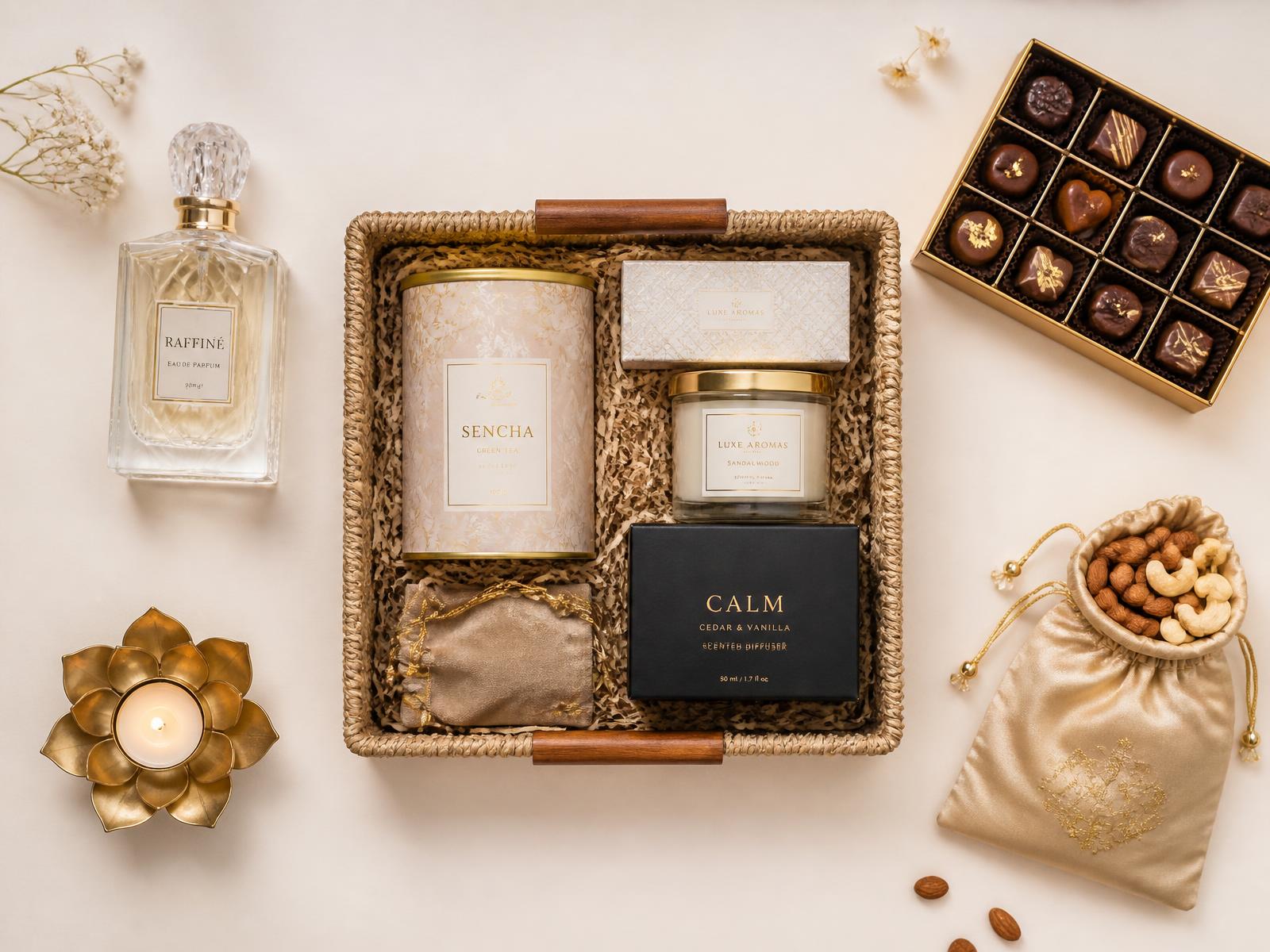 Festive luxury gift hamper: a woven tray with green tea canister, sandalwood candle and diffuser, beside a crystal perfume flacon, brass lotus tea light holder, assorted chocolates and a satin pouch of dry fruits.