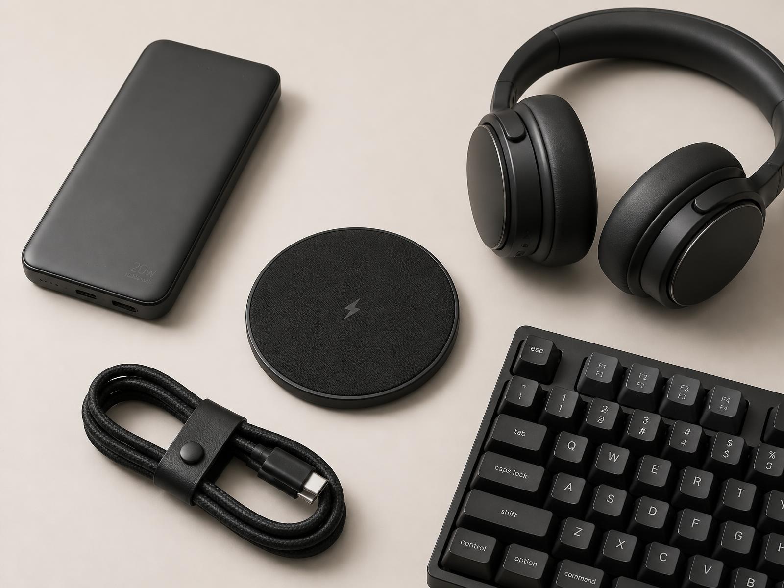 Tech and desk essentials gift set: a matte black power bank, wireless charging pad, over-ear headphones, braided USB-C cable and a mechanical keyboard on a warm off-white surface.